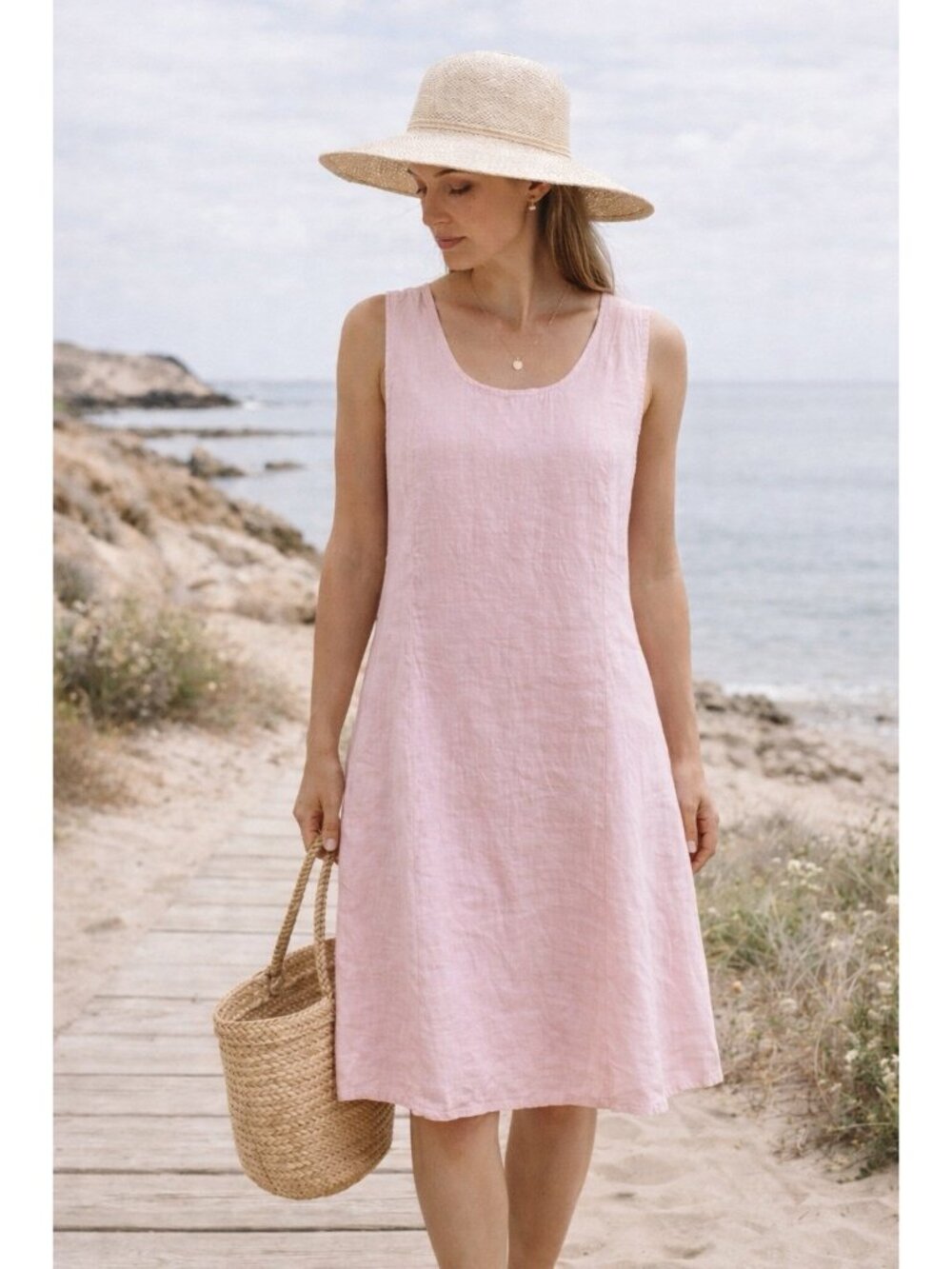 Vintage 90s Russ Berens Womens Linen Dress Sz Small Pink Sundress Minimalist